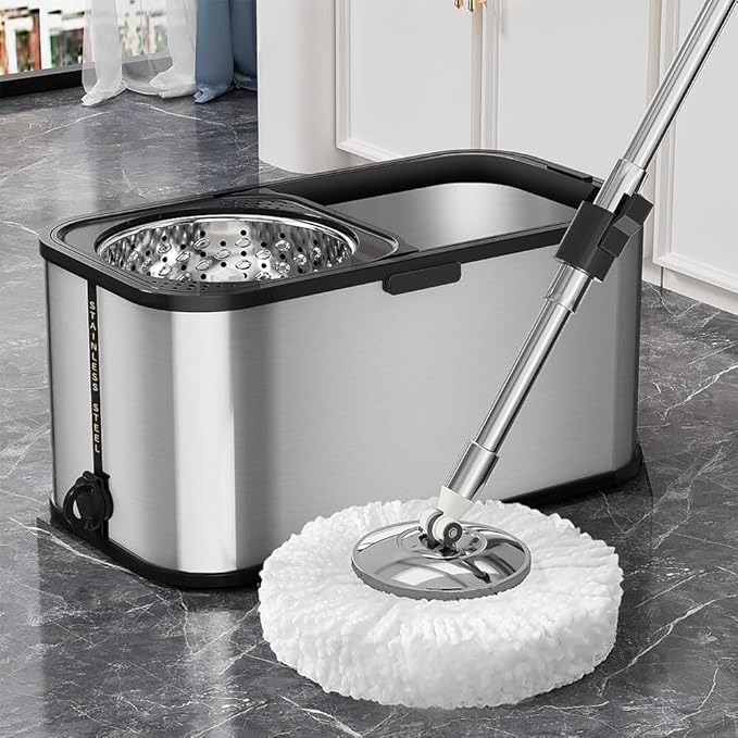 Spin Mop and Bucket with Wringer Set for Home,360° Mop and Bucket with Separate Clean and Dirty Water,Wet Dust Mop for Floor Cleaning with Extra Refills (Square Silver)