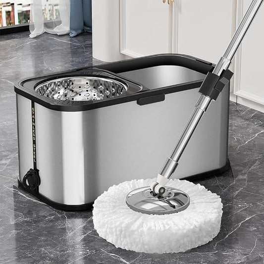Spin Mop and Bucket with Wringer Set for Home,360° Mop and Bucket with Separate Clean and Dirty Water,Wet Dust Mop for Floor Cleaning with Extra Refills (Square Silver)