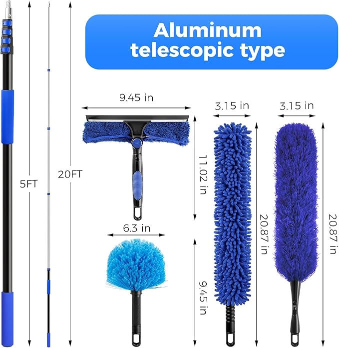 26 Feet High Reach Ceiling Fan Cleaner Duster, Window Washing Kit with Extension Pole, Aluminum 5-20 FT Telescopic Window Cleaning Squeegee Kit for Indoor Outdoor Use (Rotatable Head)