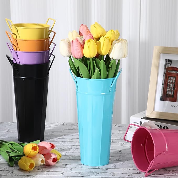 Lallisa 24 Pcs Metal Vases 9 Inch Galvanized French Farmhouse Flower Buckets with Handles and Hemp Rope, Vintage Style Flower Containers for Country Wedding Party Table Centerpiece Decor (Colorful)