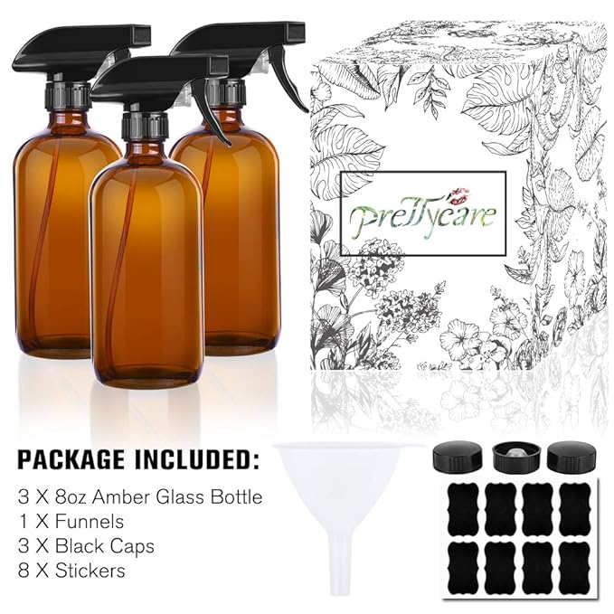 PrettyCare 3 pcs 8 Oz Amber Glass Spray Bottles, Refillable Empty Spray Bottles with Adjustable Nozzle & Lables for Cleaning, Leak-Proof Design for Essential Oils, Facial Hydration Hair Aromatherapy