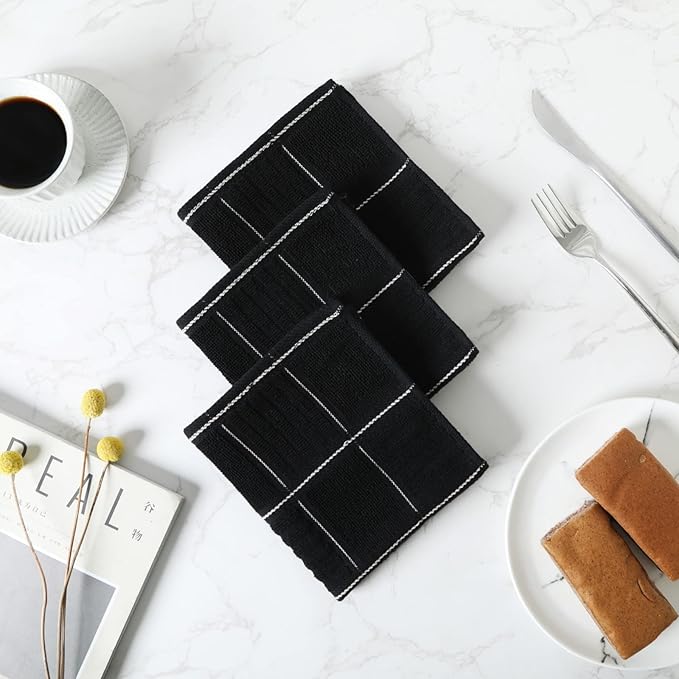 Glynniss Dish Cloths for Kitchen Washing Dishes, Super Absorbent Dish Rags, Cotton Terry Cleaning Cloths Pack of 8 (Black, 12x12 inches)