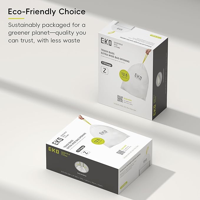 EKO 12.5 Gallon / 40-60 Liter, 110 Count Drawstring Trash Bags, Extra-Strong Garbage Bags, Unscented, Leak-Resistant, Easy-Dispense Roll for Kitchen & Household Use, Code Z, White