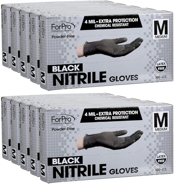 ForPro Professional Collection Disposable Nitrile Gloves, Chemical Resistant, Powder-Free, Latex-Free, Non-Sterile, Food Safe, 4 Mil, Black, Medium, 1000-Count
