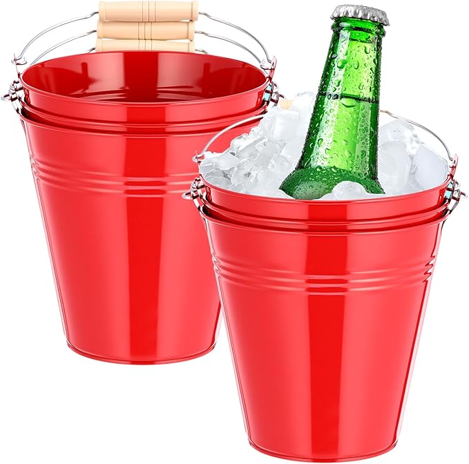 Zopeal 6 Pcs Large Metal Bucket Beer Bucket Galvanized Steel Pail with Handle for Gifts Basket Ice Candy Party(5 x 4.7 x 3.5 Inch,Red)