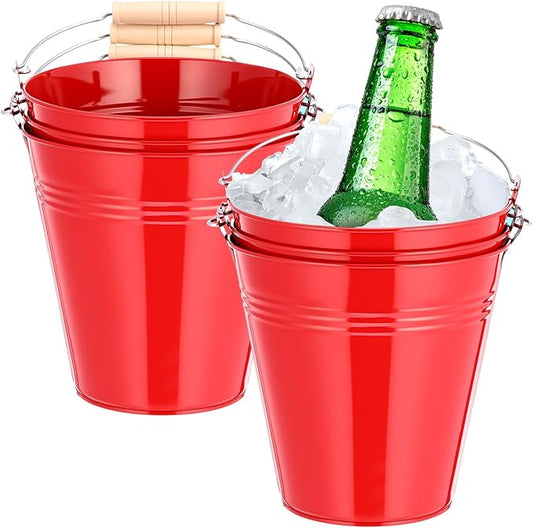 Zopeal 6 Pcs Large Metal Bucket Beer Bucket Galvanized Steel Pail with Handle for Gifts Basket Ice Candy Party(5 x 4.7 x 3.5 Inch,Red)