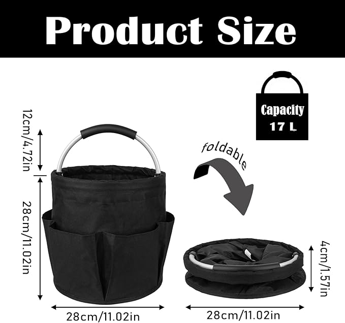 17L Cleaning Caddy with Handle, Garden Tool Organizers Bag, Cleaning Bucket Organiser, Foldable Gardening Bags Multi Pocket, Black