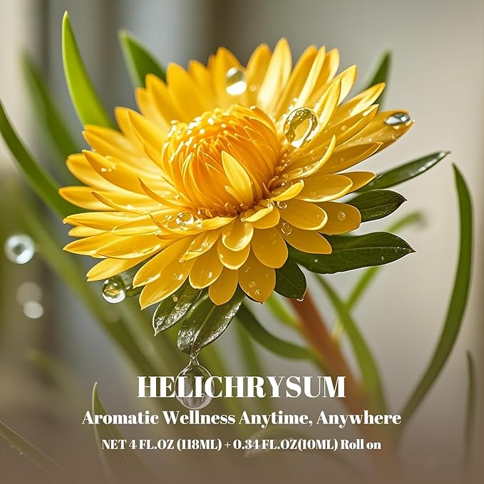 Helichrysum Essential Oil (4 fl.oz Bottle + 0.34 fl.oz Roll-On) — Helichrysum Oils for Aromatherapy, Diffusers, Humidifiers, Home fragrances, DIY Skincare, Candle, Soap Making, Relaxation, Yoga
