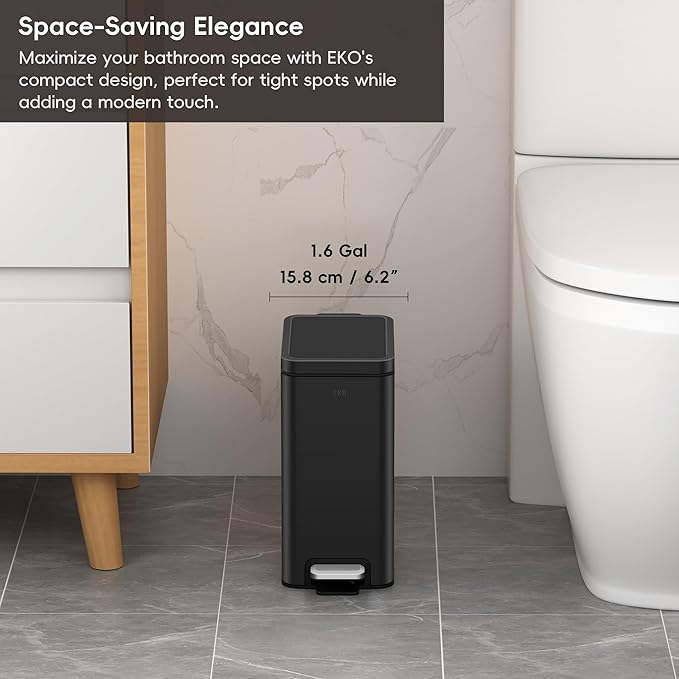 EKO Small Bathroom Trash Can with Lid Soft Close, Step Pedal, 6 Liter / 1.6 Gallon Stainless Steel Garbage Can with Removable Inner Bucket, Anti-Fingerprint Finish (Matte Black)