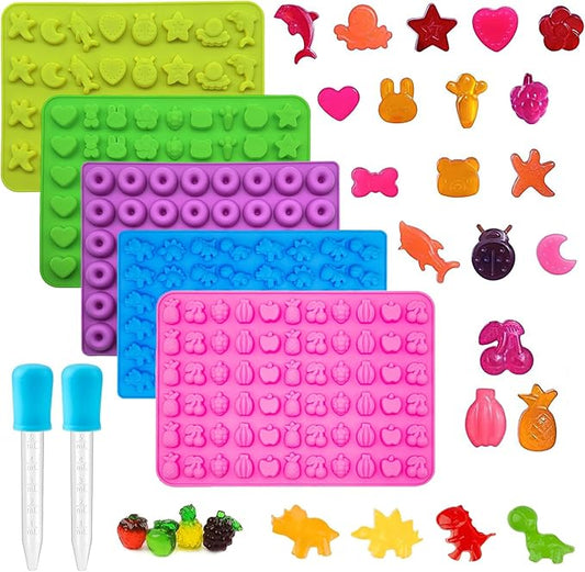 Gummy Candy Molds - Silicone Gummy Dinosaur/Marine Animal/Donut/Small Hearts Shapes/Fruit Snack Mold for Kids with 2pcs Dropper,Non-stick and Bpa Free for Mini Candy Chocolate Gummies Baking