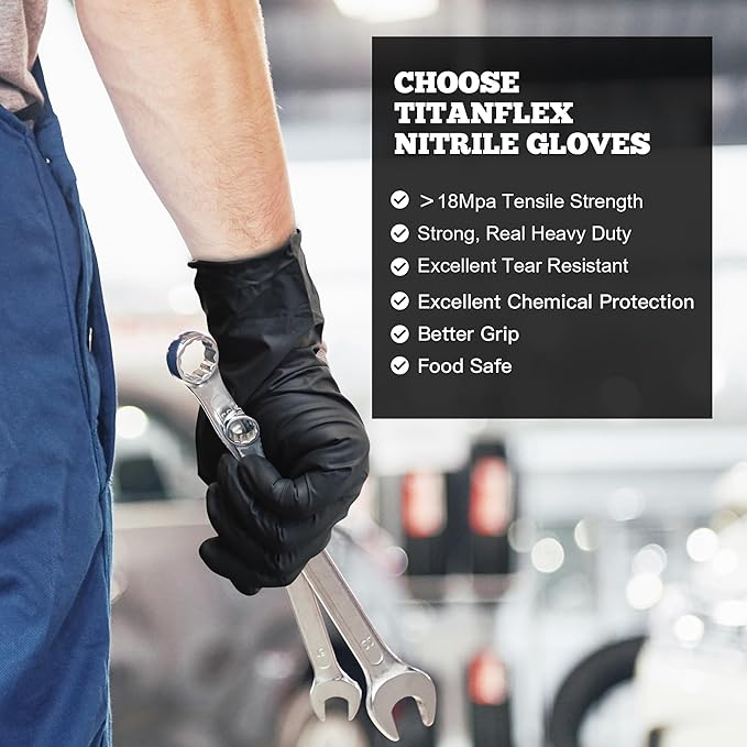TitanFlex Disposable Nitrile Exam Gloves, 6-mil, Black, Heavy Duty, Latex Free, Food Safe for Cooking & Food Prep