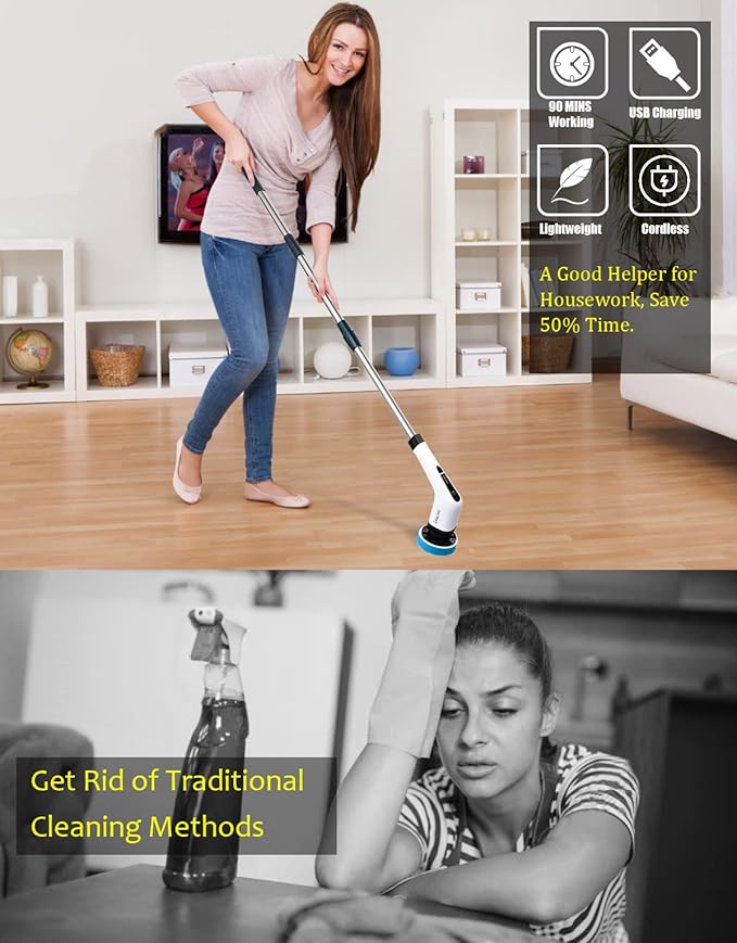 Electric Spin Scrubber, FARI Cordless Cleaning Brush with 7 Replaceable Brush Heads, Tub and Floor Tile 360 Power Scrubber Mop with Adjustable Handle for Bathroom Kitchen Car (White)