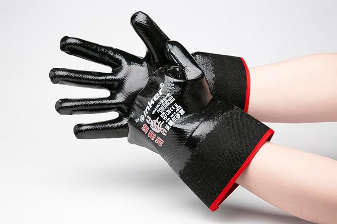 Oil Grasp 374 INKER Gloves, Large Cuff, Nitrile Coated Gloves, Oil-Immersion & Acid-Alkali Resistant, Durable & Abrasion-Resistant,Size 10, Black(Pack of 12)