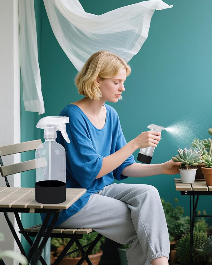 2 Pack 360° Glass Spray Bottles with Silicone Sleeve, 16 oz Empty Refillable Containers with Adjustable Spray Nozzles, Spray Bottles for Hair, Cleaning Solutions and Plants Black