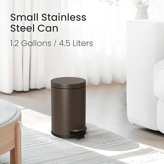Cesun 1.2 Gallons Small Brown Trash Can, Bathroom Garbage Can with Lid and Foot Pedal, Mini Round Wastebasket for Bathroom, Bedroom, Office, 4.5 Liters / 1.2 Gallons, Brown