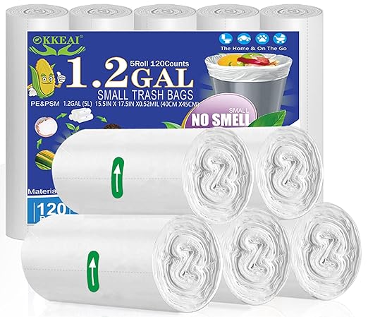 OKKEAI Small Trash Bags -1.2 Gallon Garbage Bags 5 Liter Trash Bags Wastebasket Liners for Bathroom,Office,Translucent,120 Counts Fit 5L 1.2,1.5,2Gal