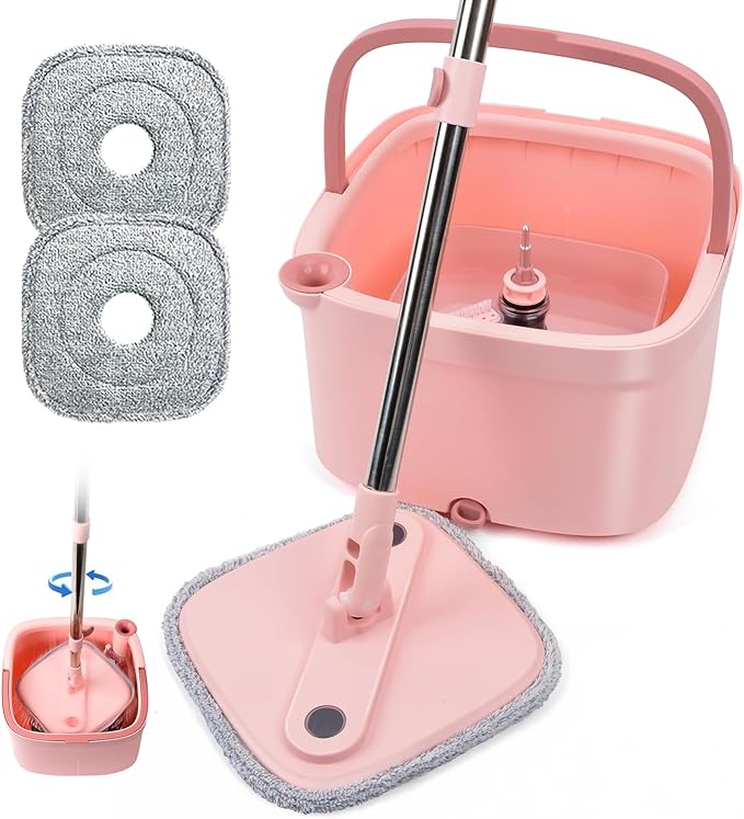 Spin Mop and Bucket Set with Self - Separation System, 360° Spinning Self - Wringing, Square Cleaning Mop and Bucket with Wringer - with Replaceable Mops (Pink Mop and Bucket Set with 2 Pads