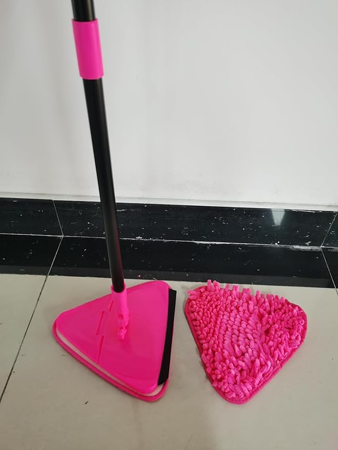 JEHONN Wall Mop with Long Handle 80 inches, Upgraded 180° Collapsible Baseboard Cleaner Tool with Squeegee, Ceiling Duster with 3 Microfiber and 3 Chenille Pads for Cleaning Window, Cabinet (Rose Red)