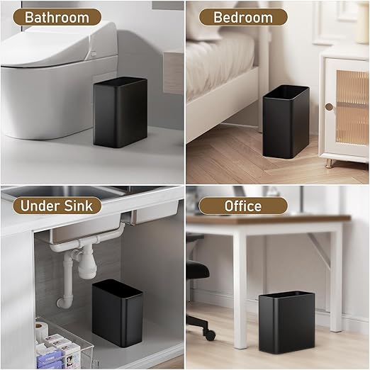 Small Bathroom Trash Can 2.4 Gallon Wastebasket, Slim Metal Garbage Can Matte Black Stainless Steel Trash Bin for Bedroom,Office,Kitchen,Toilet, rv, Near Desk, Under Sink