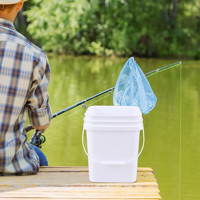 4 Gallon 4 Pack Plastic Square Utility Food Bucket with Lid and Handle, Utility Pail, White