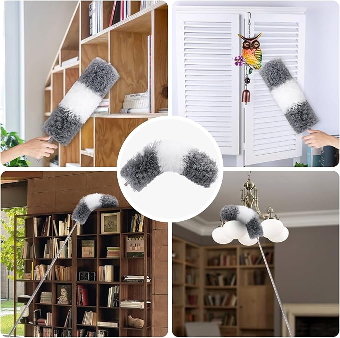 5Pcs Dusters for Cleaning, with Microfiber Duster, Ceiling Fan Brush, Cobweb Duster, 100in Stainless Steel Extension Pole, Bendable Extendable Duster for High Ceilings, Gap Dust Wet or Dry