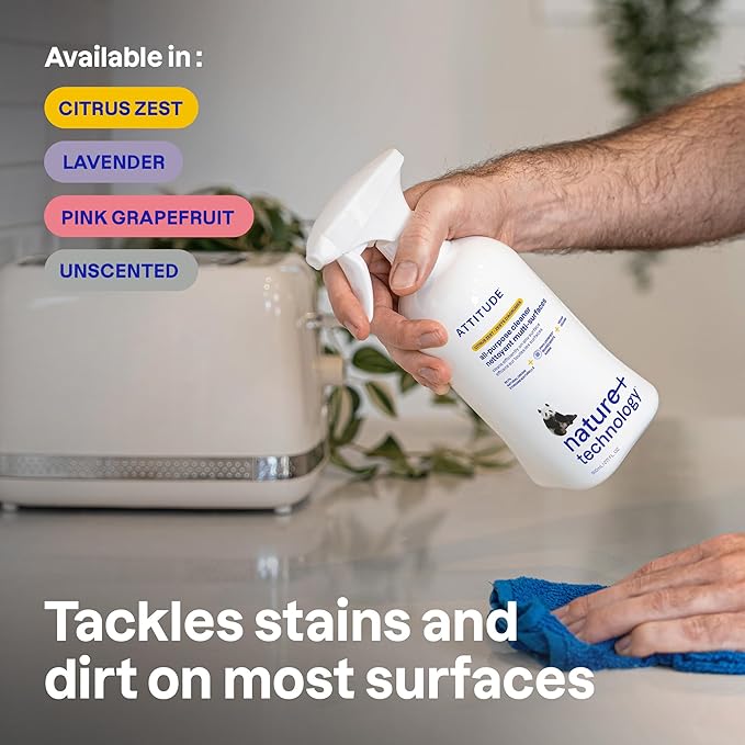ATTITUDE All Purpose Cleaner Spray, EWG Verified, Vegan, Made with 94% Plant-Based Ingredients, Streak-Free for Kitchen, Bathroom, Glass & More, Lavender, 27.1 Fl Oz (Pack of 3)
