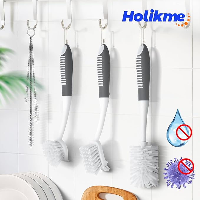 Holikme 6 Pack Dish Brush Set with Bottle Brush, Dish Scrub Brush, Pan Brush and 3 Straw Brushes, Deep Cleaning Handle Brush with Scraper Tip for Kitchen Sink Dishes Bottle Cup Pot and Pans (Gray)