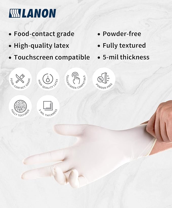 LANON 5 mil Latex Disposable Gloves, Food-Contact Grade, Powder-Free, Fully Textured, White, Medium