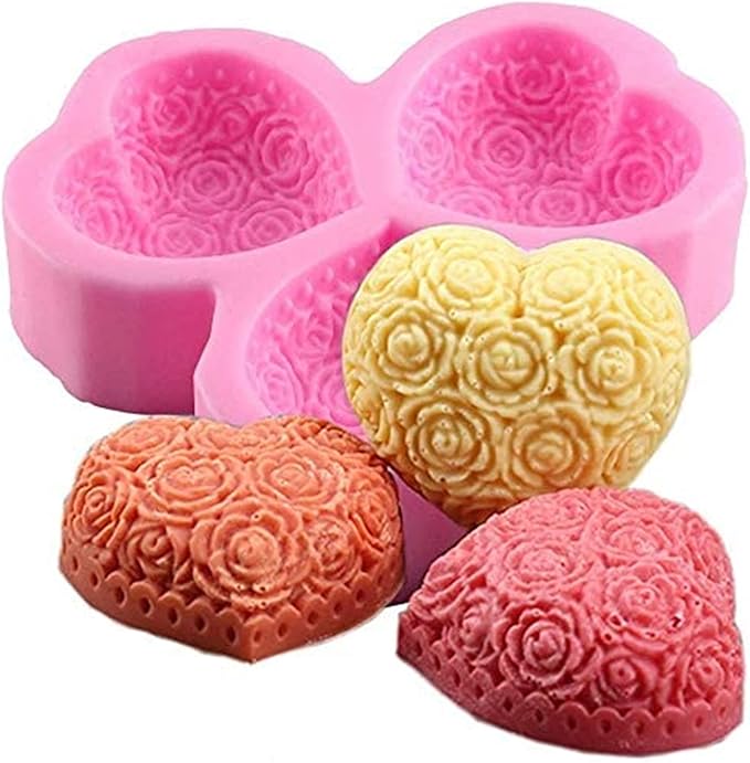 3-Cavity Heart Rose Flower Silicone Soap Mold Fondant Mold for Cake Decoration, Chocolate,Candle, Bath Bomb, Lotion Bar