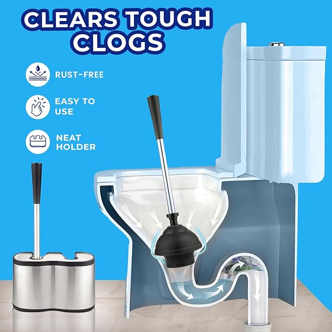 UMIEN 2 Pack Toilet Brush and Plunger Set 18-in - Updated 2025 No-Rust - Stainless Steel Design - Long Handles - with Freestanding Canister (Satin Nickel)