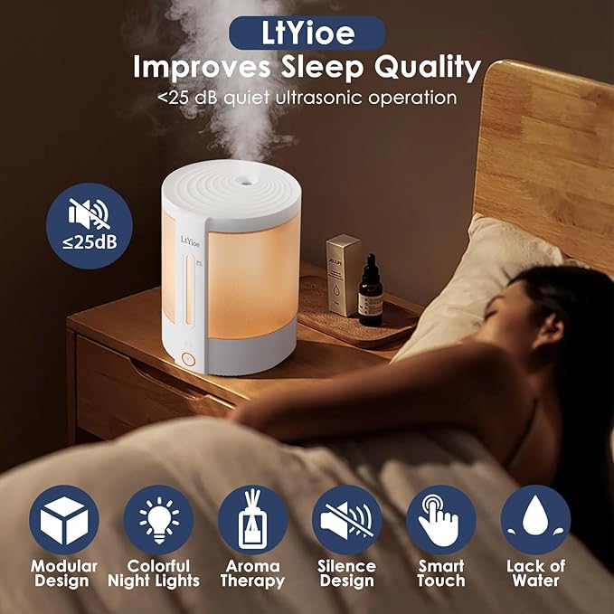 Top Fill Humidifiers for Bedroom, 8-Colorful Lights, 2.5L Tank, Easy Fill&Clean, Ultra-Quiet Cool Mist with Essential Oil Diffuser, Touch Buttons, 3 Mist Modes, Auto Off, for Office, Home,16H.