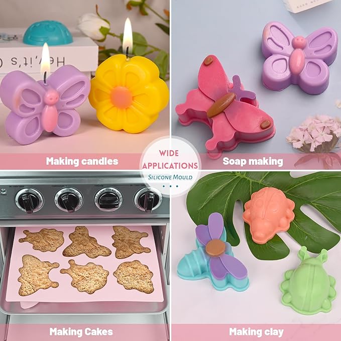 Sakolla Insect Silicone Molds Soap 2pcs 6-Cavity Dragonfly Butterfly Ladybug Shape Silicone Molds for Soap Making DIY Baking Mold for Lotion Bars, Chocolate, Candy, Muffin, Biscuit, Cookie Pans