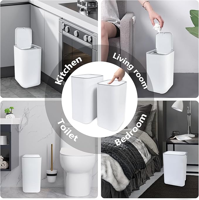 Gintan 13 Gallon Trash Can with Lid, 25-45 L Altitude Variable Bin, Garbage Can with Wheels for Kitchen, Bathroom, Bedroom, Office, Two Space-Saving Small Waste Bin and Garbage Bag
