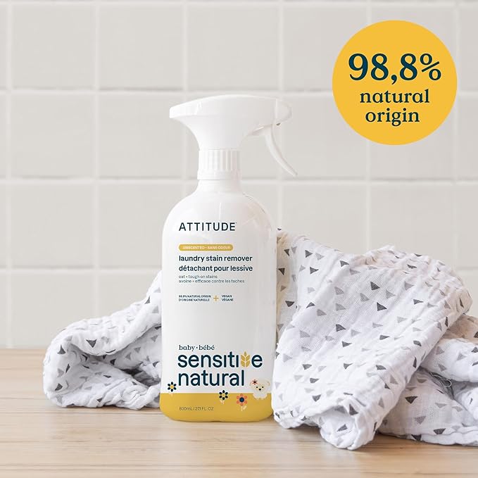 ATTITUDE Laundry Stain Remover for Baby Clothes, Plant- and Mineral-Based Ingredients, Vegan and Cruelty-free Laundry Products for Sensitive Skin, Unscented, 27 Fl Oz