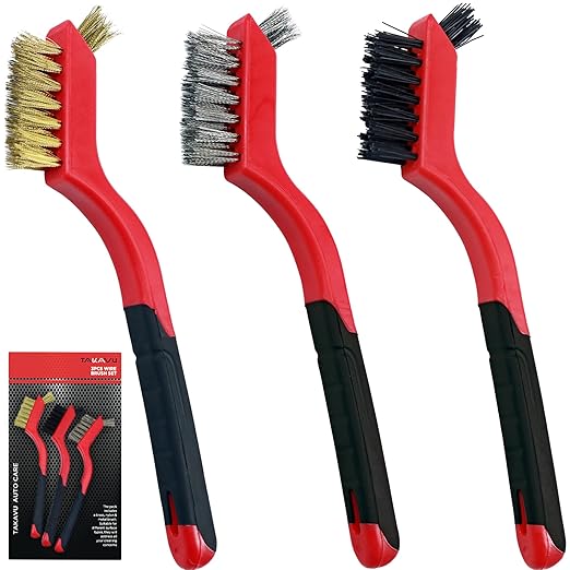 TAKAVU Small Wire Brush Set, 3 Different Types Brush, Brass - Stainless Steel - Nylon Wire Brushes for Cleaning with Curved Handle Grip for Rust Removal, Dirt, Paint Scrubbing