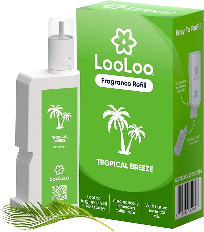 Loo Loo Touch Free Toilet Freshener Refills, Natural Essential Oils – Toilet Smell Eliminator, Bathroom Deodorizer, Air Freshener Spray for Bathroom, Tropical Breeze Fragrance, 2.0 Fl Oz