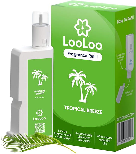 Loo Loo Touch Free Toilet Freshener Refills, Natural Essential Oils – Toilet Smell Eliminator, Bathroom Deodorizer, Air Freshener Spray for Bathroom, Tropical Breeze Fragrance, 2.0 Fl Oz