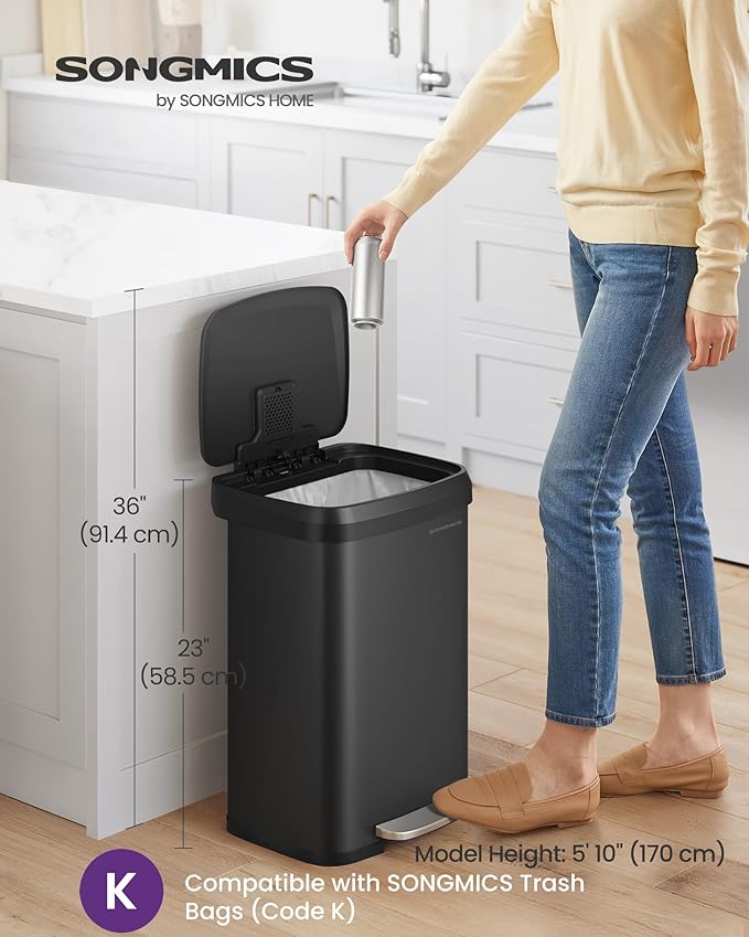 SONGMICS Kitchen Trash Can, 13 Gallon (50 L) Stainless Steel Garbage Can, with Stay-Open Lid and Step-on Pedal, Soft Closure, Tall, Large and Space-Saving, Black ULTB530B50