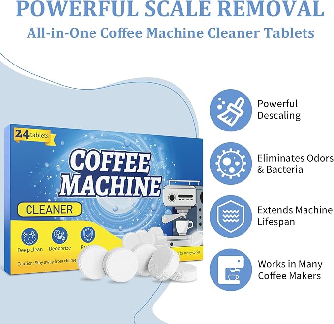 Coffee Maker Cleaner Descaler Tablets, 24 Counts Machine Cleaning Tabs, Works With Multi-cup And Single-serve Brewers, Suitable For Descale Automatic Coffee, Restore Barista Grade Taste