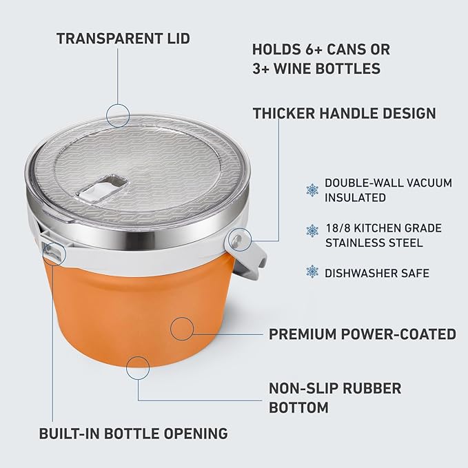 COKTIK 7L Insulated Ice Bucket with Lid，Double Wall Vacuum Stainless Steel Beverage Bucket Keeps Frozen Longer，Holds 6 Longnecks or 3 Bottles of Wine，for Cocktail, Champagne, Large Parties(Orange)