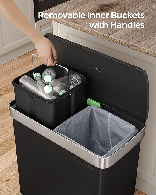 SONGMICS Kitchen Trash Can, 16 Gallon (2 x 8 Gallon) Dual Compartment Garbage Can, 60L Pedal Recycling Bin, Stays Open and Soft Close, Stainless Steel, 15 Bags Included, Ink Black ULTB202B01