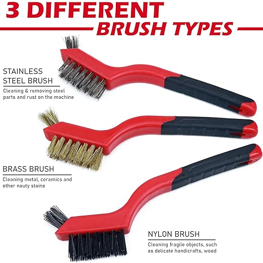 TAKAVU Small Wire Brush Set, 3 Different Types Brush, Brass - Stainless Steel - Nylon Wire Brushes for Cleaning with Curved Handle Grip for Rust Removal, Dirt, Paint Scrubbing