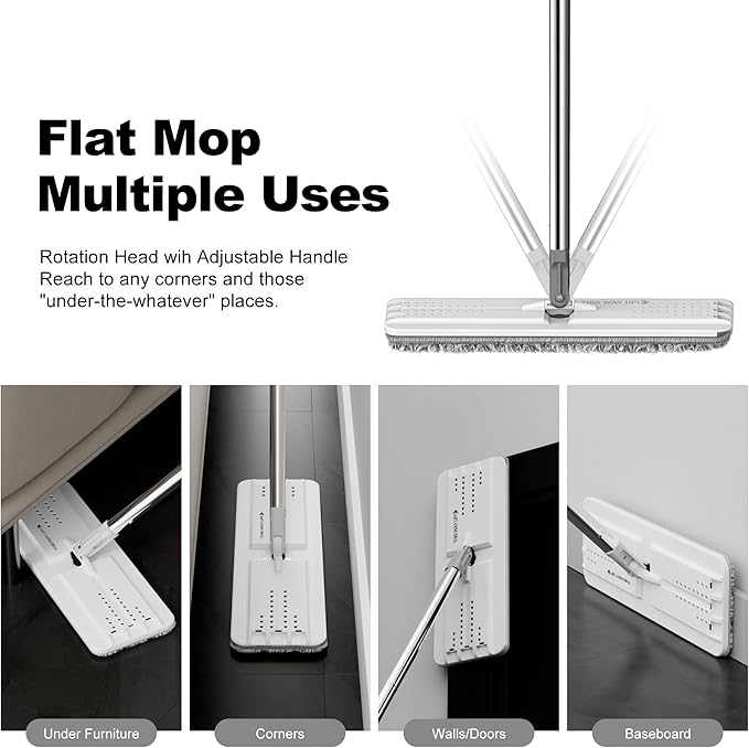 Mop and Bucket with Wringer Set, Flat Floor Mop and Bucket, with 2 Mops and 4 Microfiber Cleaning Cloths for Floor Cleaning, Wet and Dry Use for Household Cleaning