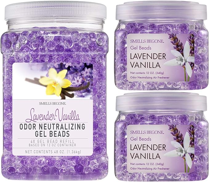 SMELLS BEGONE Odor Eliminator Gel Bead Value Pack - 72 oz - Air Freshener - Eliminates Odors in Bathrooms, Pet Areas, Boats, RVs & Cars - Made with Essential Oils - Lavender Vanilla Scent