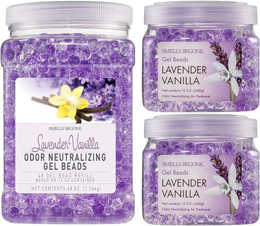 SMELLS BEGONE Odor Eliminator Gel Bead Value Pack - 72 oz - Air Freshener - Eliminates Odors in Bathrooms, Pet Areas, Boats, RVs & Cars - Made with Essential Oils - Lavender Vanilla Scent