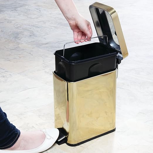 mDesign Small Modern 1.3 Gallon Rectangle Metal Lidded Step Trash Can, Compact Garbage Bin with Removable Liner Bucket and Handle for Bathroom, Kitchen, Craft Room, Office, Garage - Soft Brass