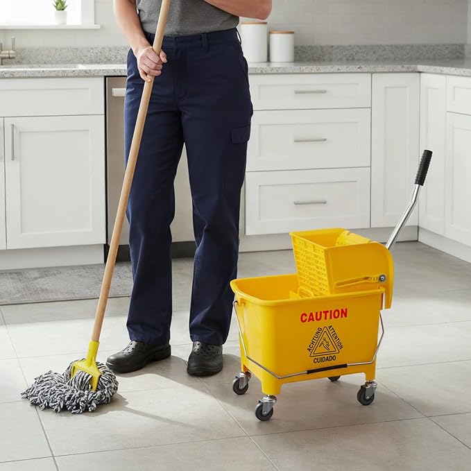 Commercial Mop Bucket with Wringer on Wheels Small 5 Gallon, Heavy Duty Dual Chamber Industrial Mop Bucket Separate Dirty Water, Perfect for Business Household, 20 Quart Yellow