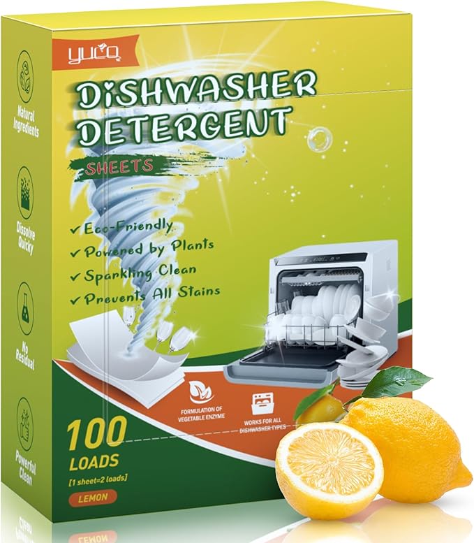 YUCO Dishwasher Detergent Sheets 100 Loads, Liquid-Free Dish Soap Cleaner Strips Eco-Friendly No Plastic Dishwasher Pods Detergent, Use in Dishwasher or Sink, Leaving Dishes Sparkling Clean (Lemon)
