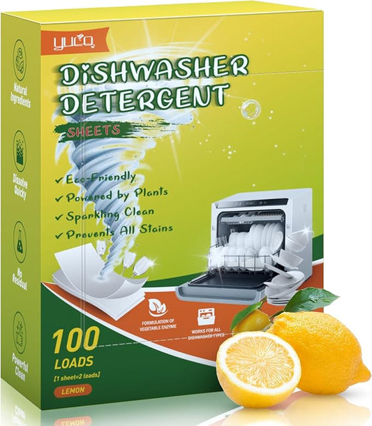 YUCO Dishwasher Detergent Sheets 100 Loads, Liquid-Free Dish Soap Cleaner Strips Eco-Friendly No Plastic Dishwasher Pods Detergent, Use in Dishwasher or Sink, Leaving Dishes Sparkling Clean (Lemon)