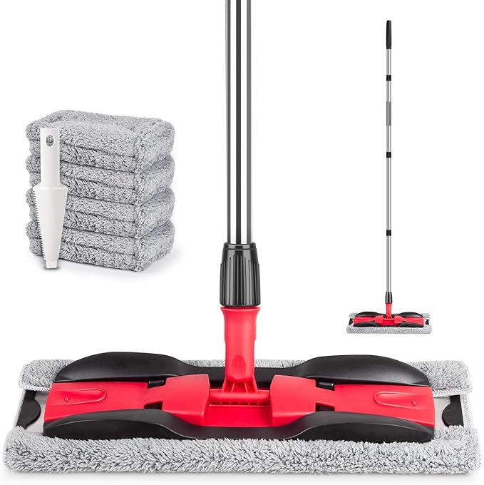 MEXERRIS Microfiber Mops for Hardwood Laminate Tile Floor Cleaning: Stainless Steel Handle - 4 Reusable Flat Mop Refills and 1 Dirt Removal Scrubber Included - Dry Dust Mop Commercial Home Use